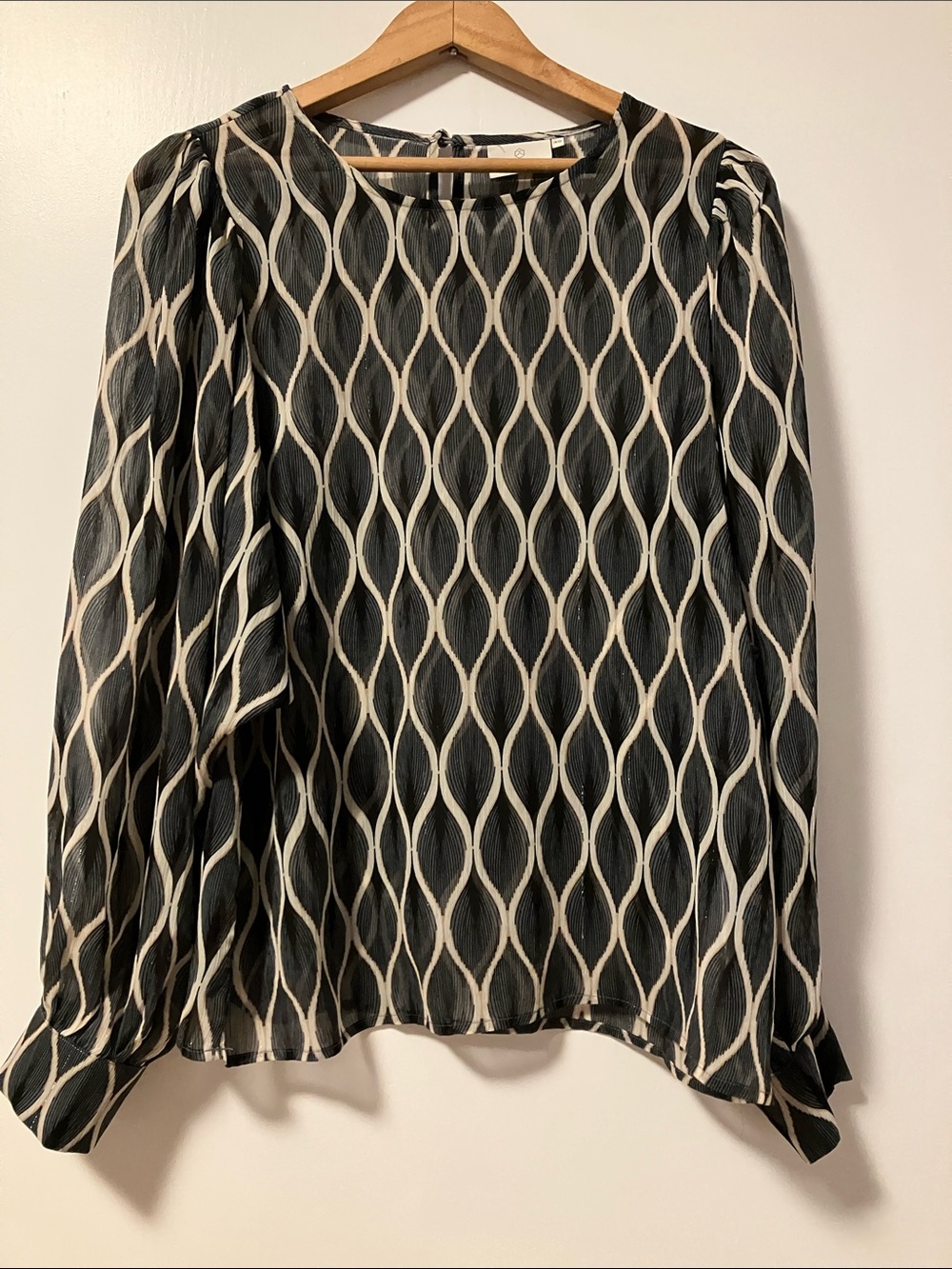 Geometric Long-Sleeve Blouse Black Blue and Cream with Metallic Touch Like New